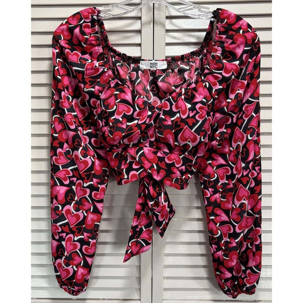 Madden NYC Hearts Crop Top Long Balloon Sleeves Chiffon‎ Tie/Open Back Sz Small